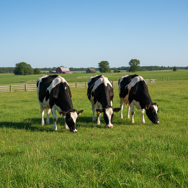 1:1 image of three cows eating grass