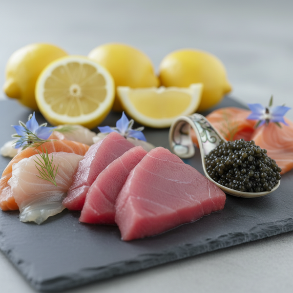 close up of cut raw fish and kaviar with lemons in the back